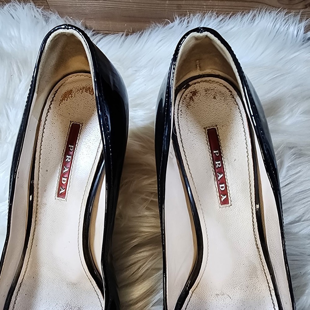 Prada Black Patent Leather Cork Wedge Heels Sz 40 - Picture 3 of 14